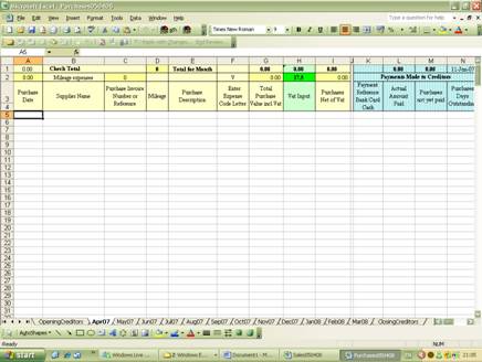 Self Employed purchases spreadsheet showing supplier entries with payment methods, expense codes, and VAT-inclusive totals
