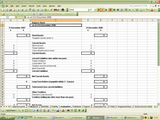 Balance sheet spreadsheet showing fixed assets, current assets, liabilities, and shareholders funds