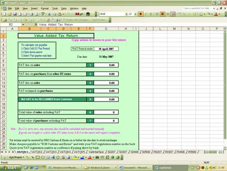 VAT return spreadsheet in Excel showing the 9-box VAT return format with entry fields for each VAT period